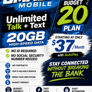 Budget 20 Plan Unlimited Talk & Text + 20GB 4G/5G Data each line w/autopay Prepaid