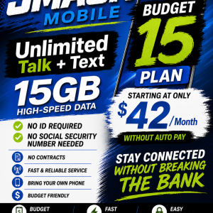 Budget 15 Plan Unlimited Talk & Text + 15GB 4G/5G Data each line w/autopay